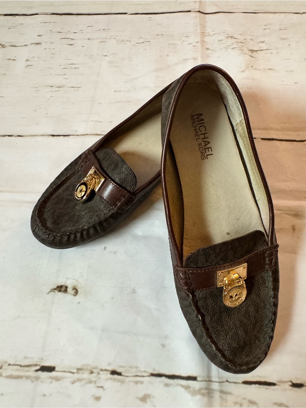 Michael Kors Brown Leather & Suede Loafers with Gold Hardware